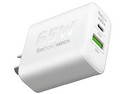 Cargador de Pared Foxbox Mega de 65W, Tipo I (en V), USB Tipo C y USB Tipo A. Color Blanco.