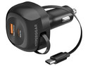 Cargador de Auto HyperGear 16250 de 30W, Puerto USB Tipo C, Puerto USB Tipo A, Cable USB Tipo C Retráctil de 80cm. Color Negro.