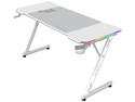 Escritorio Gamer Ergonómico Olympus Spot Glow MRX6000, Estructura Z, 140 x 60 cm, Soporta hasta 100 kg, ABS, PC, Acero, Aglomerado de 15 mm, Recubrimiento de melamina en fibra de carbono, RGB, 1 Tapete XXL 80 x 50 cm, 1 Porta Vasos, Legend, Blanco.