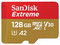 Memoria Sandisk Extreme MicroSD UHS-I U3 V30 A2 de 128GB, Clase 10, Incluye Adaptador SD.